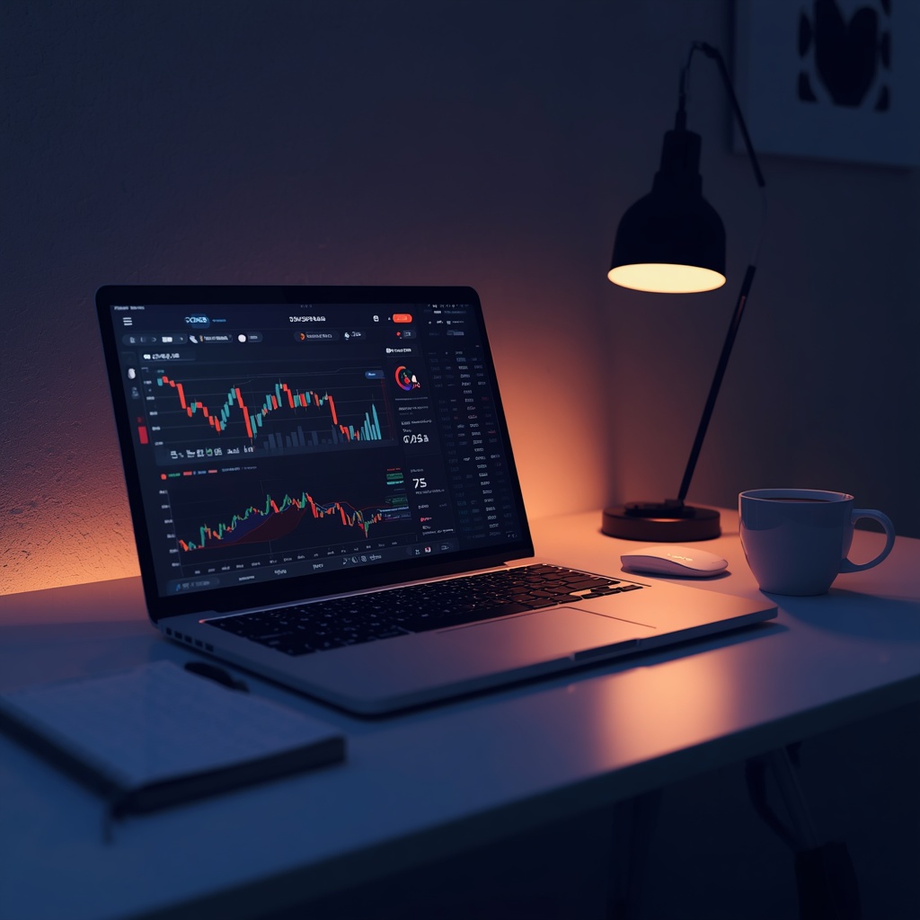 A modern minimalist workspace with a laptop displaying financial charts and graphs, a notebook, a cup of coffee, and ambient lighting, digital art style, ultra realistic